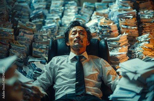 Asian businessman sleeping on the chair among stacks of paperwork in the office business management and administration concept