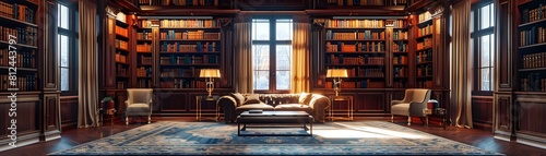 Luxurious and Expansive Home Library with Rich Wood Paneling and Vast Collection of Classic Literature photo