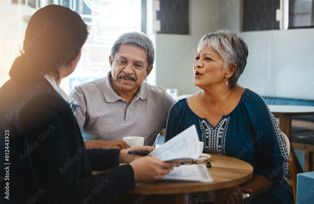 Fototapeta premium Senior couple, talking and lawyer with documents for financial advice, retirement plan and will at home. Old man, elderly woman and attorney with paperwork, budget negotiation and legal agreement