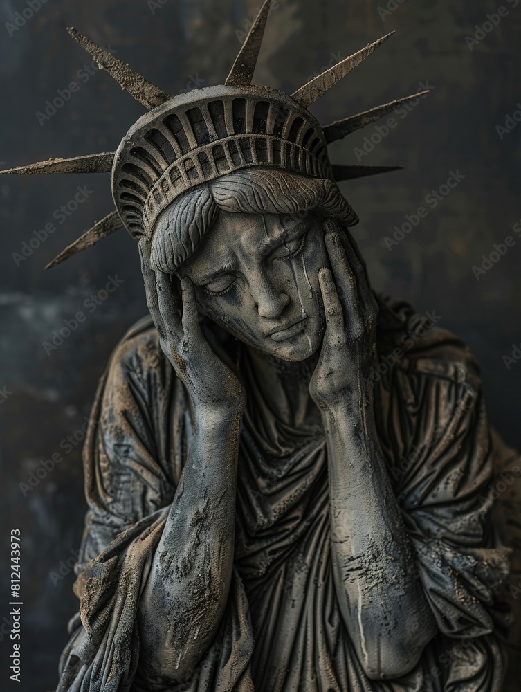 Emotional statue of liberty with her head in hands American state of grief and depression Emotional statue of liberty with her head in hands American state of grief and depression