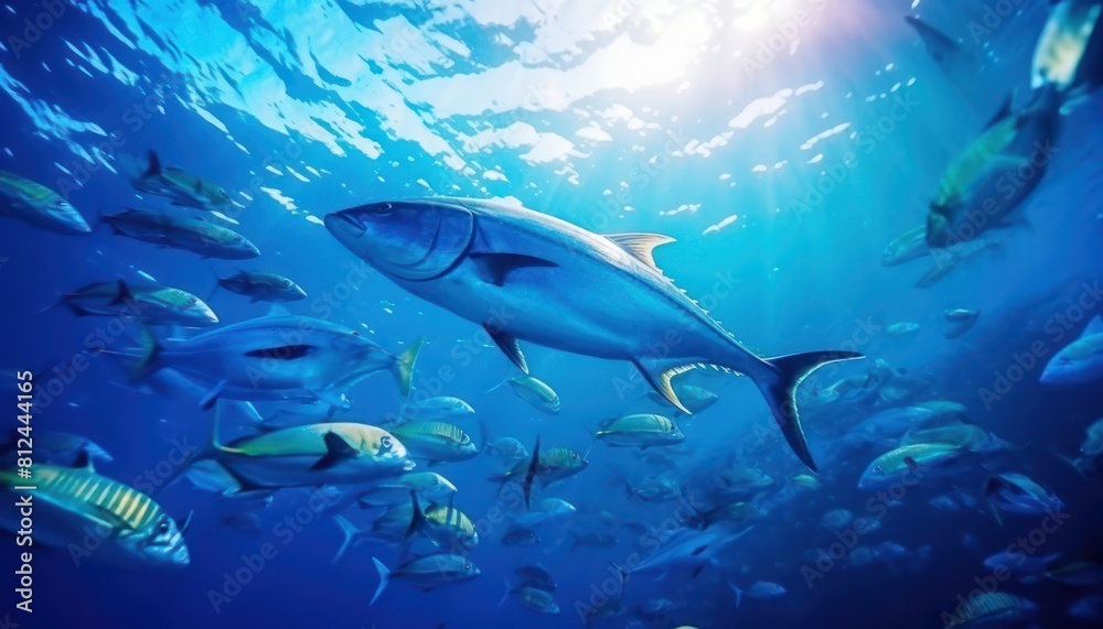 Fototapeta premium Groups of giant Tuna fish in the underwater, coral reef, amazing underwater life, various fish and exotic coral reefs, ocean wild creatures background