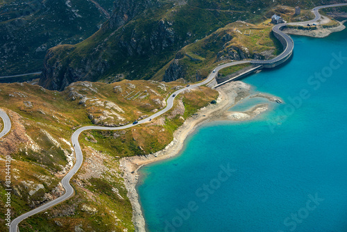 Aerial view of the Agnel lake and the road in Piedmont, Italy.