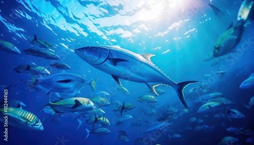Groups of giant Tuna fish in the underwater, coral reef, amazing underwater life, various fish and exotic coral reefs, ocean wild creatures background © Virgo Studio Maple