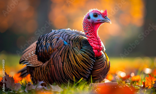 Wild turkey is seen in field with fall leaves and the sun shining on it. photo