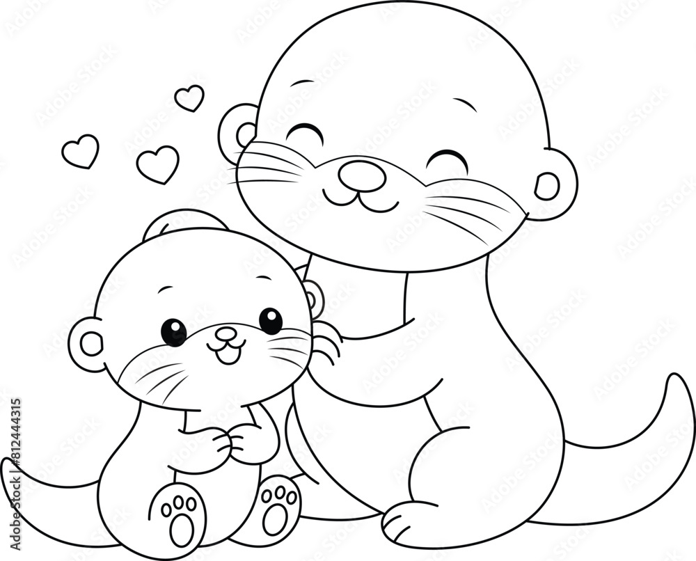Fototapeta premium Cute kawaii otter and baby cartoon character coloring page vector illustration. Wild animal, mothers day colouring page for kids