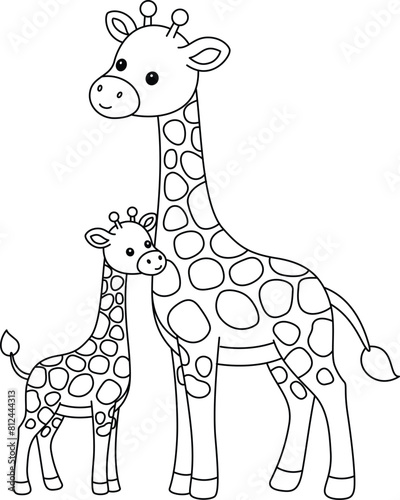Cute kawaii giraffe and baby cartoon character coloring page outline vector illustration. Wild animal, mothers day colouring page for kids