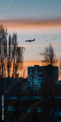 Avião voando sobre a cidade ao pôr do sol photo