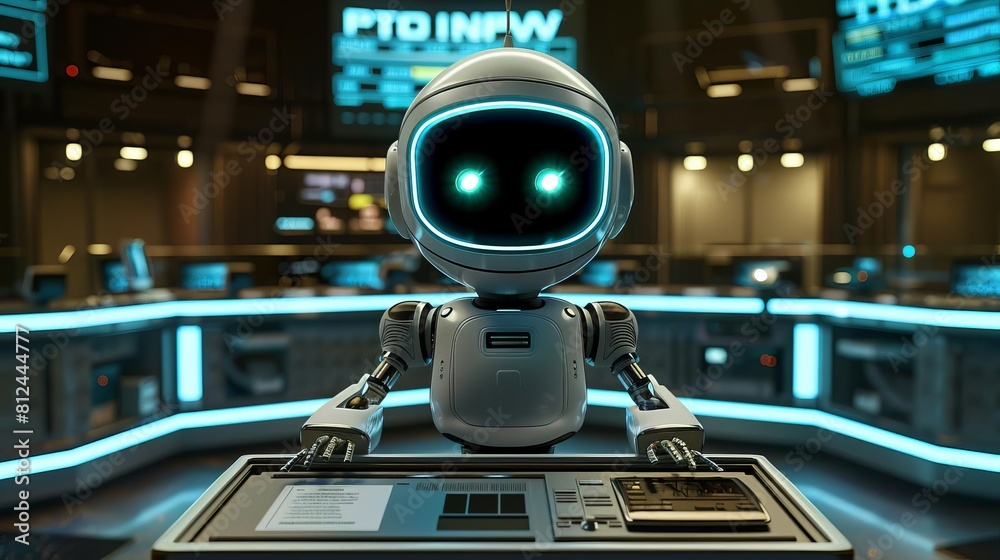 a lone robot announcer in a dimly lit news studio a lone robot announcer in a dimly lit news studio
