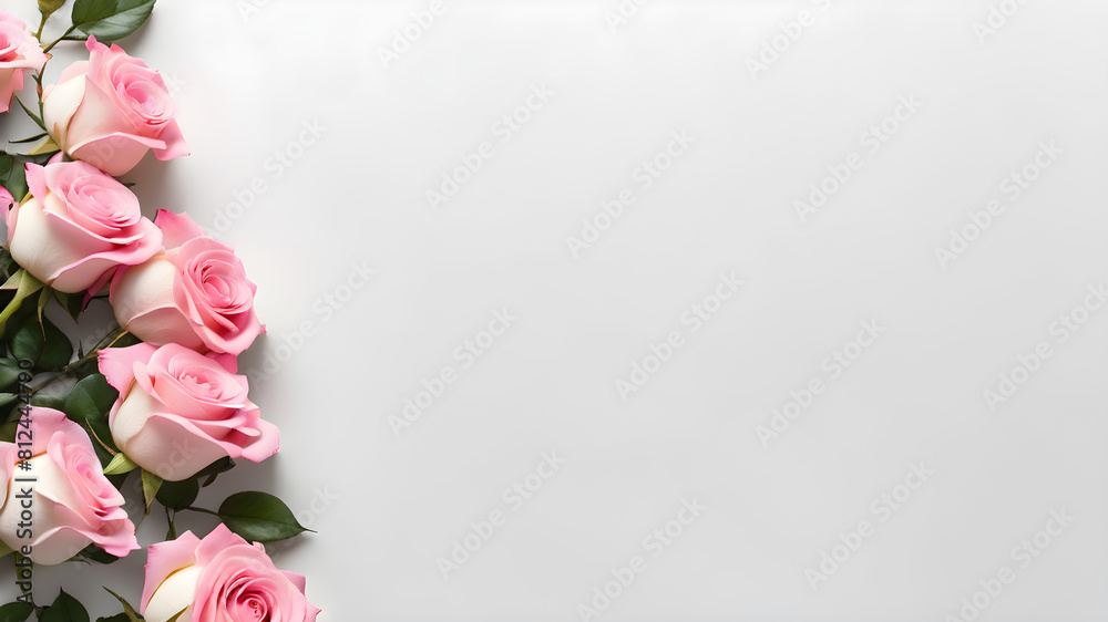 Pink Roses Blossom in corner on Blank White Empty Background Copy Space, Generative AI illustration