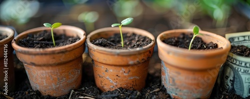 A symbolic photo of currency notes sprouting from a soilfilled pot, illustrating investments photo