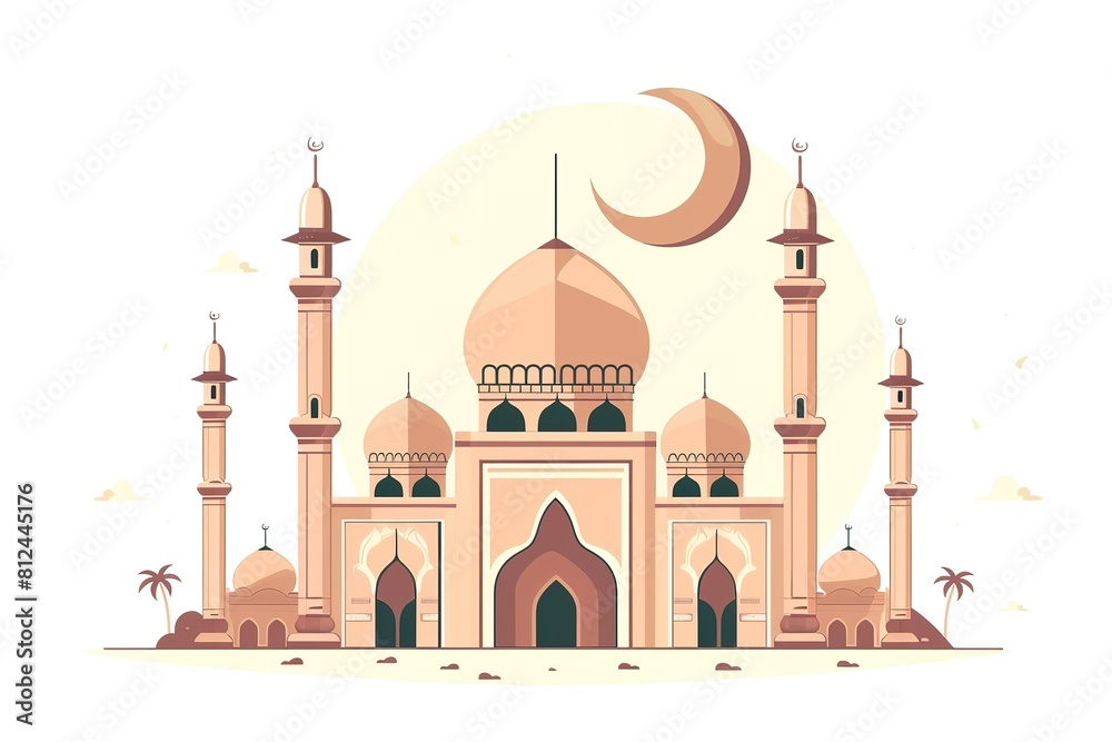 Shiny Mosque or Masjid on beautiful shiny blue background with moon.
