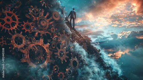 A symbolic scene of a businessman climbing a mountain of gears, striving to reach a jigsaw puzzle piece at the summit photo