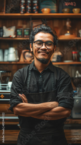 coffee shop owner standing in front of a coffee bar