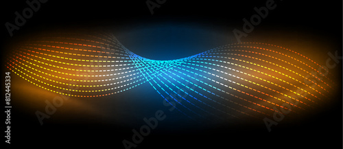 A mesmerizing pattern of electric blue and orange circles, resembling a glowing wave, illuminates the darkness. This automotive lighting art installation is a stunning visual event