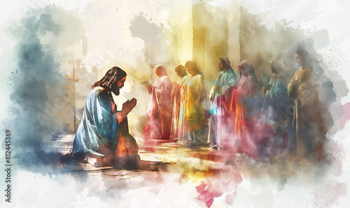 Jesus Christ praying infront of people for miracle and hopes salvation concept, Silhouette Jesus Christ praying close up view,  Digital watercolor painting illustration photo