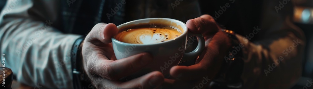 Creating Latte Art Male Hands Holding a Coffee Cup. Concept Coffee Photography Creating Latte Art Male Hands Holding a Coffee Cup. Concept Coffee Photography