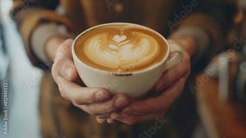 Creating Latte Art Male Hands Holding a Coffee Cup. Concept Coffee Photography