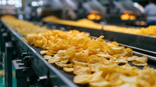 Conveyor belt in a factory packaging potato chips during the production process