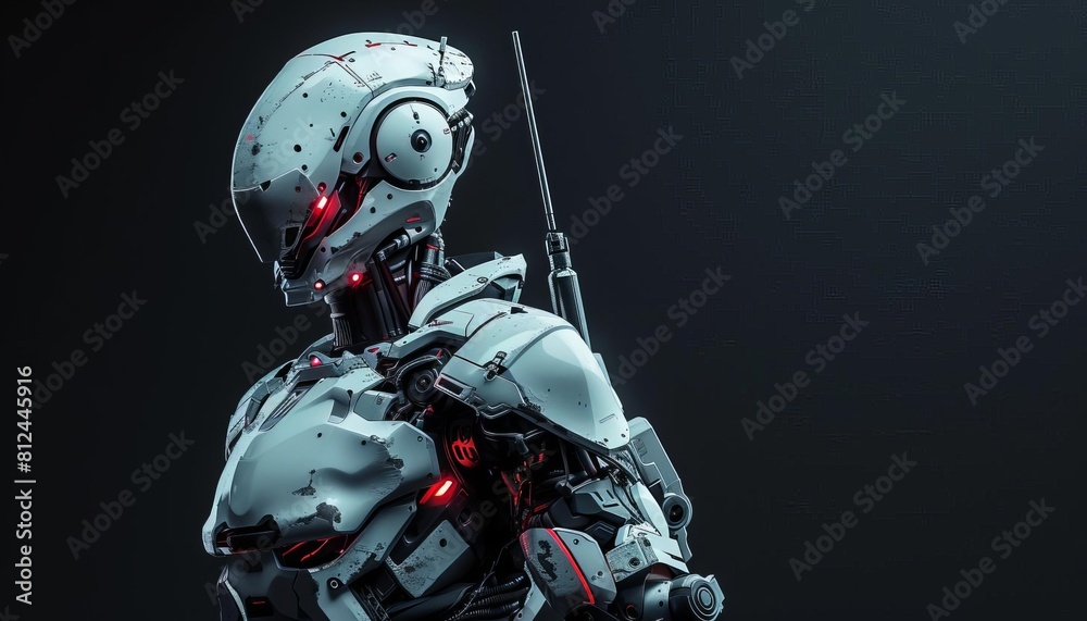 Naklejka premium Show a battleready cyborg with armor and weapons integrated, highlighted on a black background with horizontal banner space