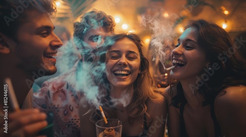 Show a group of friends at a party where one person declines a cigarette, emphasizing positive peer pressure photo