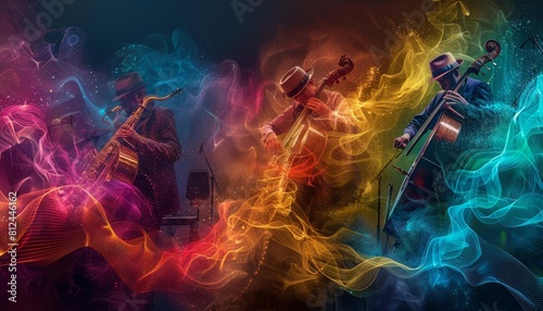 Show a jazz quartet playing energetically, each instruments sound wave rendered in bright colors against a prepared banner background