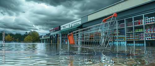 a shopping cart submerged in water outside a flooded grocery store with dark clouds overhead
