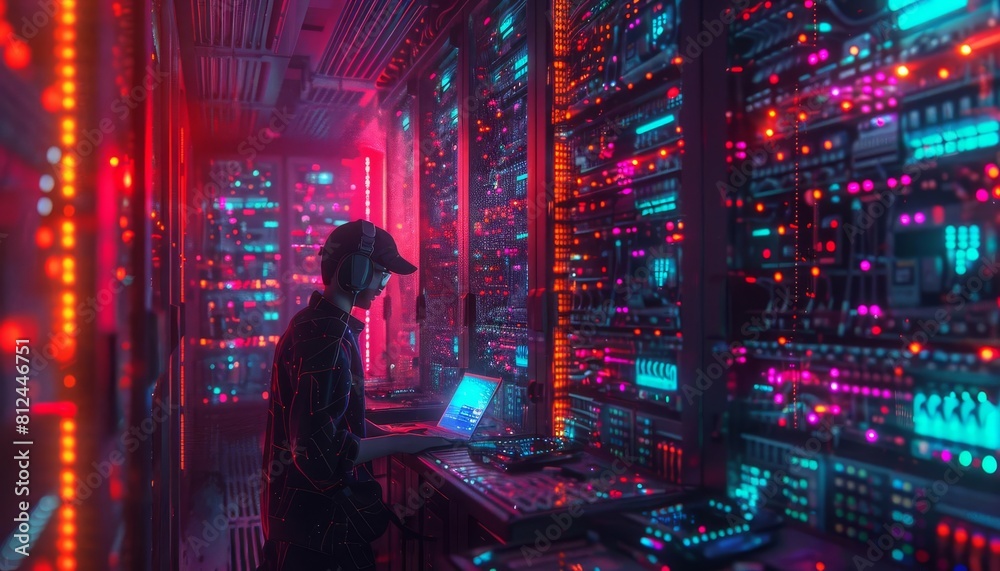 A vibrant scene in a server room with rows of cables and LED lights, an engineer checking data on a laptop
