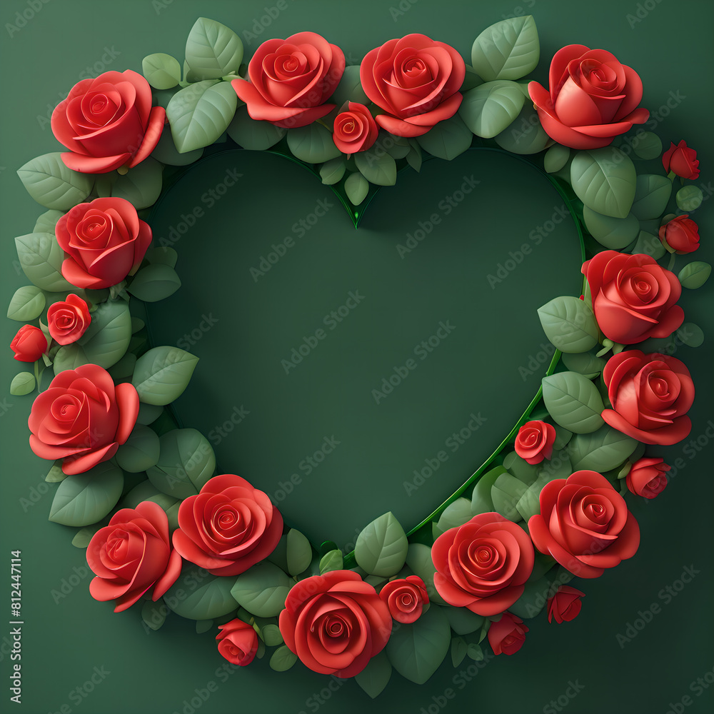 A heart-shaped rose wreath on green background.