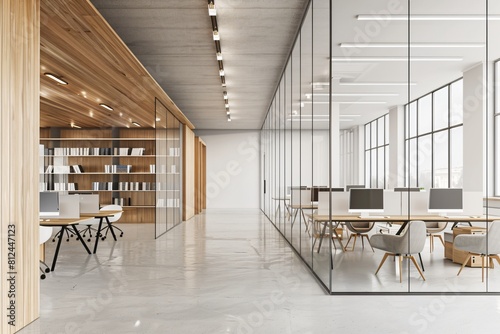 Contemporary Business Workplace - Modern Office Interior with Wooden and Glass Open Space
