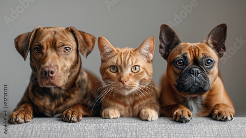 Dog and cat looking at the camera on a white background