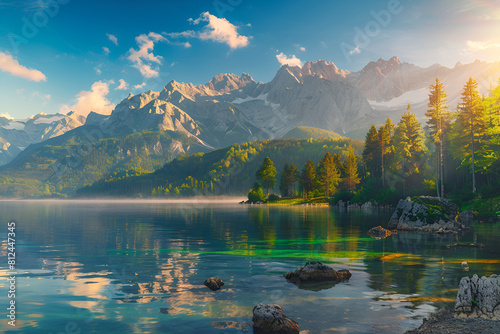 Impressive summer sunrise on Eisele lake with Zugspitze mountain range. Sunny outdoor scene in German Alps  Bavaria  Germany  Europe. Beauty of nature concept background.