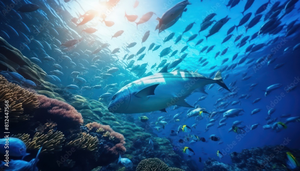 Fototapeta premium Groups of giant Tuna fish in the underwater, coral reef, amazing underwater life, various fish and exotic coral reefs, ocean wild creatures background
