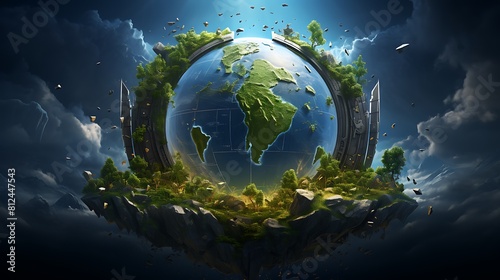 A digital painting of Earth surrounded by a shield of environmental policies for Earth Day.