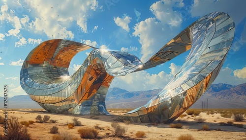 A visionary portrayal of a solar energy farm in the desert, with panels arranged like a phoenix bird, symbolizing rebirth