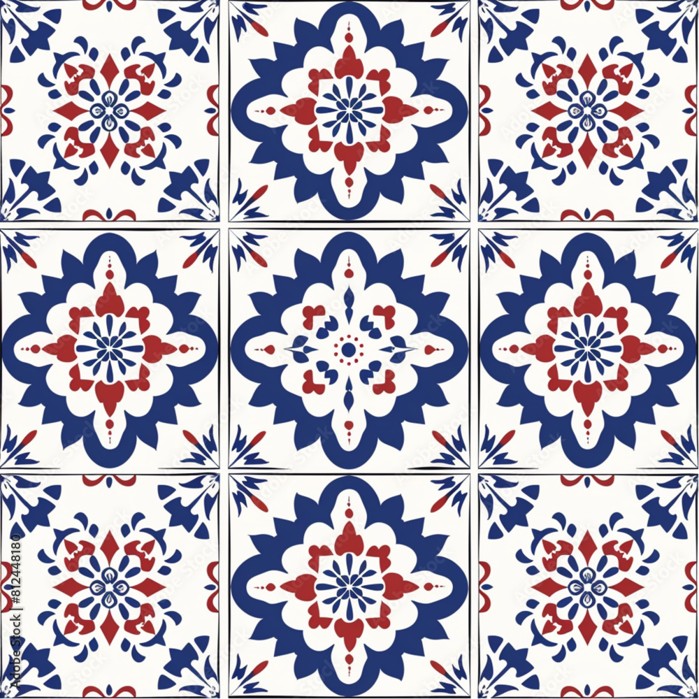 A seamless pattern of traditional blue and white Spanish tiles, featuring intricate designs with floral motifs and geometric shapes, arranged in an aesthetically pleasing
