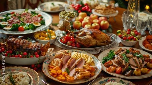 A variety of dishes prepared with love and care are presented at the festive family table. The table is decorated with bright flowers and festive elements  creating an atmosphere of joy and warmth.
