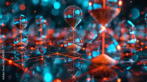 A visual metaphor depicting a network of hourglasses connected by digital beams, representing network latency and time synchronization photo