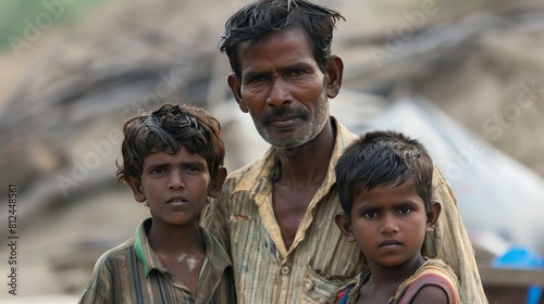 Concept of poverty, homelessness. A poor family, father and two sons, in rural India. photo