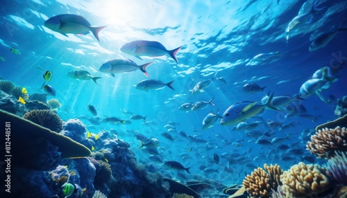 Groups of giant Tuna fish in the underwater  coral reef  amazing underwater life  various fish and exotic coral reefs  ocean wild creatures background