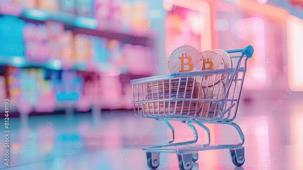 Cryptocurrency in retail, side view, accepting crypto payments, technology tone, colored pastel.