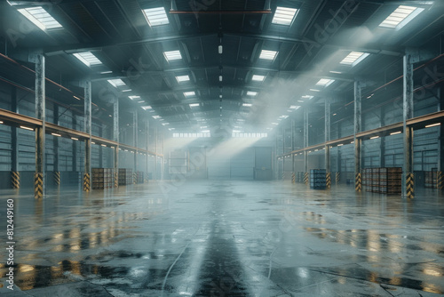 A large, empty warehouse with a lot of light shining through the windows. The space is very open and empty, with no people or objects visible. Scene is somewhat eerie and desolate photo