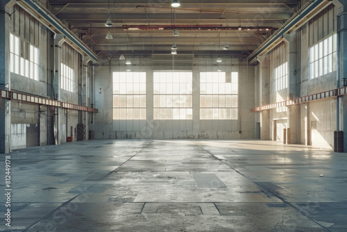 A large, empty warehouse with a lot of windows. The space is very open and empty, with no furniture or people visible. Scene is one of emptiness and solitude, with the vastness of the space