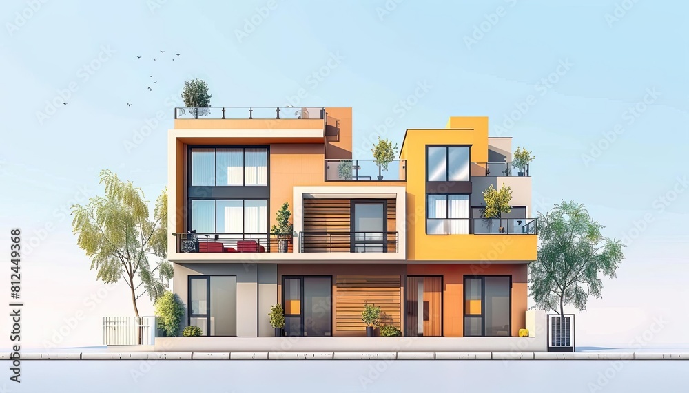Modern 3-story home exterior with large windows, balconies, and a rooftop terrace Modern 3-story home exterior with large windows, balconies, and a rooftop terrace