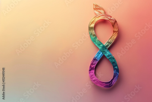 A colorful, rainbow-colored infinity symbol is displayed on a pink background. The symbol is made of various colors and he is a piece of art. Scene is vibrant and cheerful