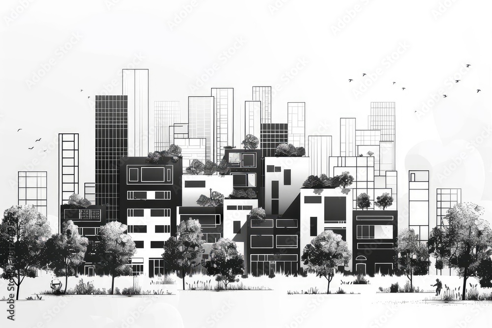 Black and white line drawing of a modern city.