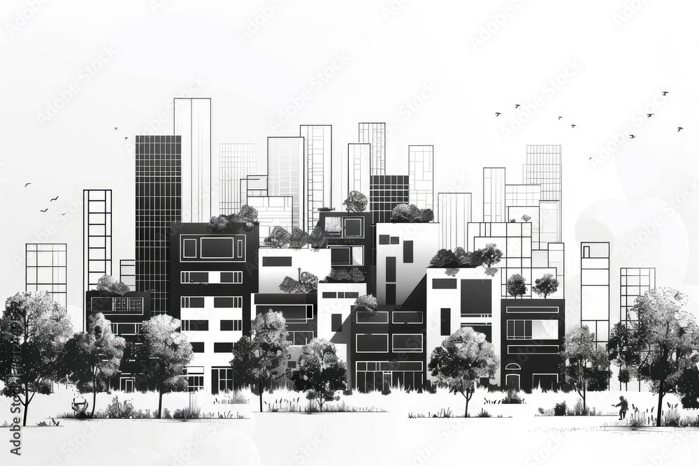 Obraz premium Black and white line drawing of a modern city.