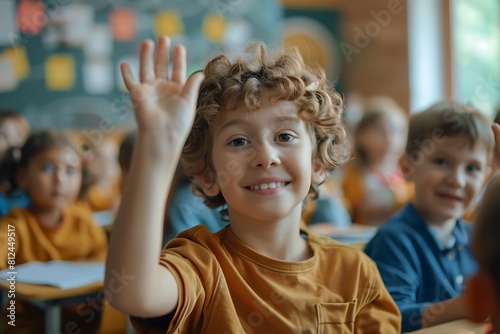 Education, question with group of children in classroom and raise their hands to answer. Learning or support, diversity and teacher teaching with young students in class of school building together