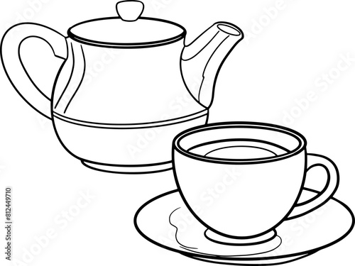 A graphic illustration of a tea or coffee mug on a white background, with a teapot next to it.