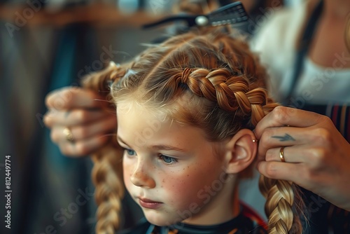 Hair salon. Close-up of hands barber makes fashionable braids hairstyle for cute little blond girl child in modern barbershop. Hairdresser master woman makes hairdo for adorable kid. Copy text space