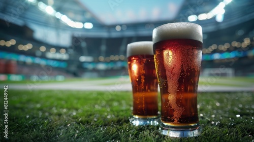 Cinematic wide angle photograph of two beer pint glass Cinematic wide angle photograph of a beer pint glass at a soccer stadium. Product photography photo